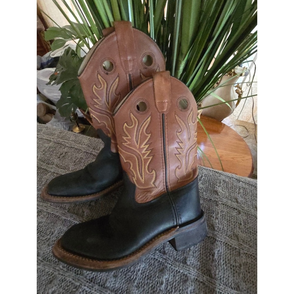 Kids Western Cowboy Boots Black Tan Leather Square Toe Size 2.0 D